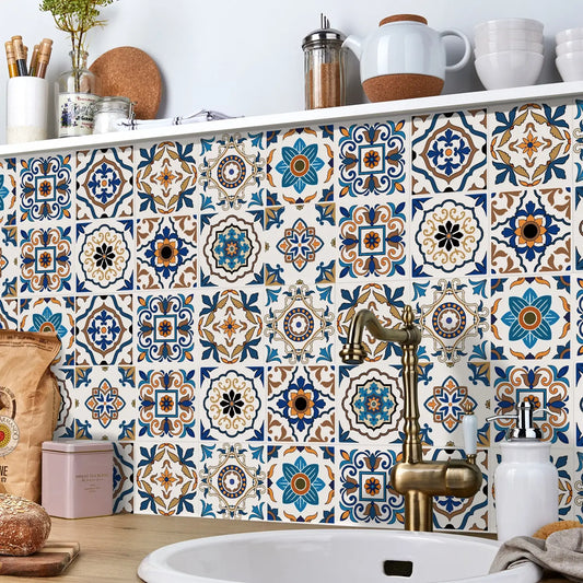 48 Pieces of Floral Brick Wall Stickers in Blue Brown Exotic Mandala Pattern for Kitchen and Bathroom Decoration