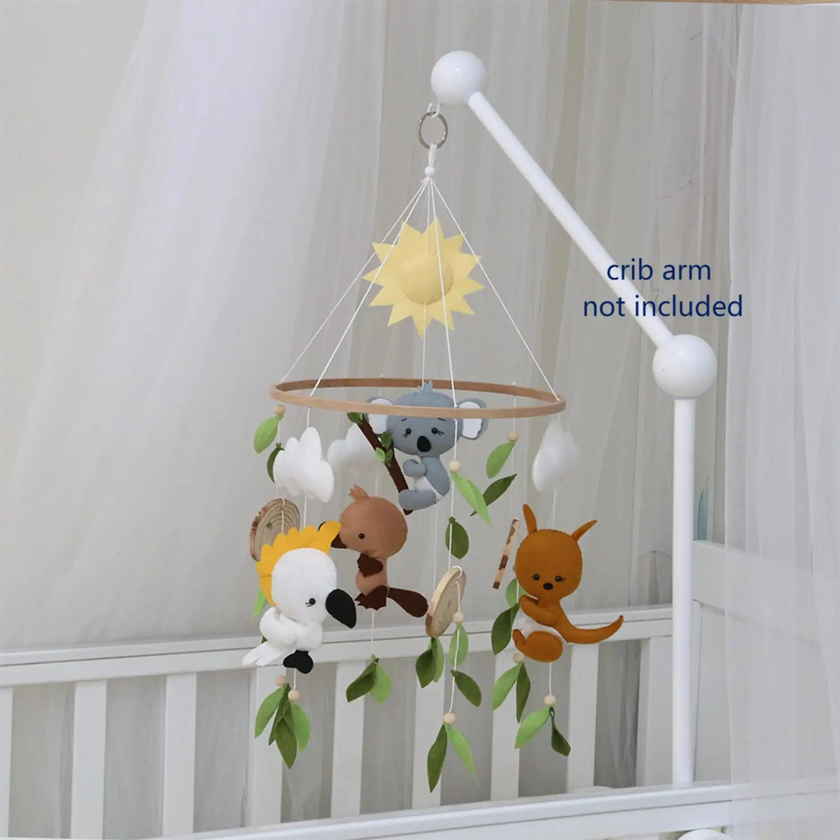 Baby Mobile Australian Animals Koala Kangaroo Platypus and Cockatoo. Koala Nursery Decor Natural Green Leaves