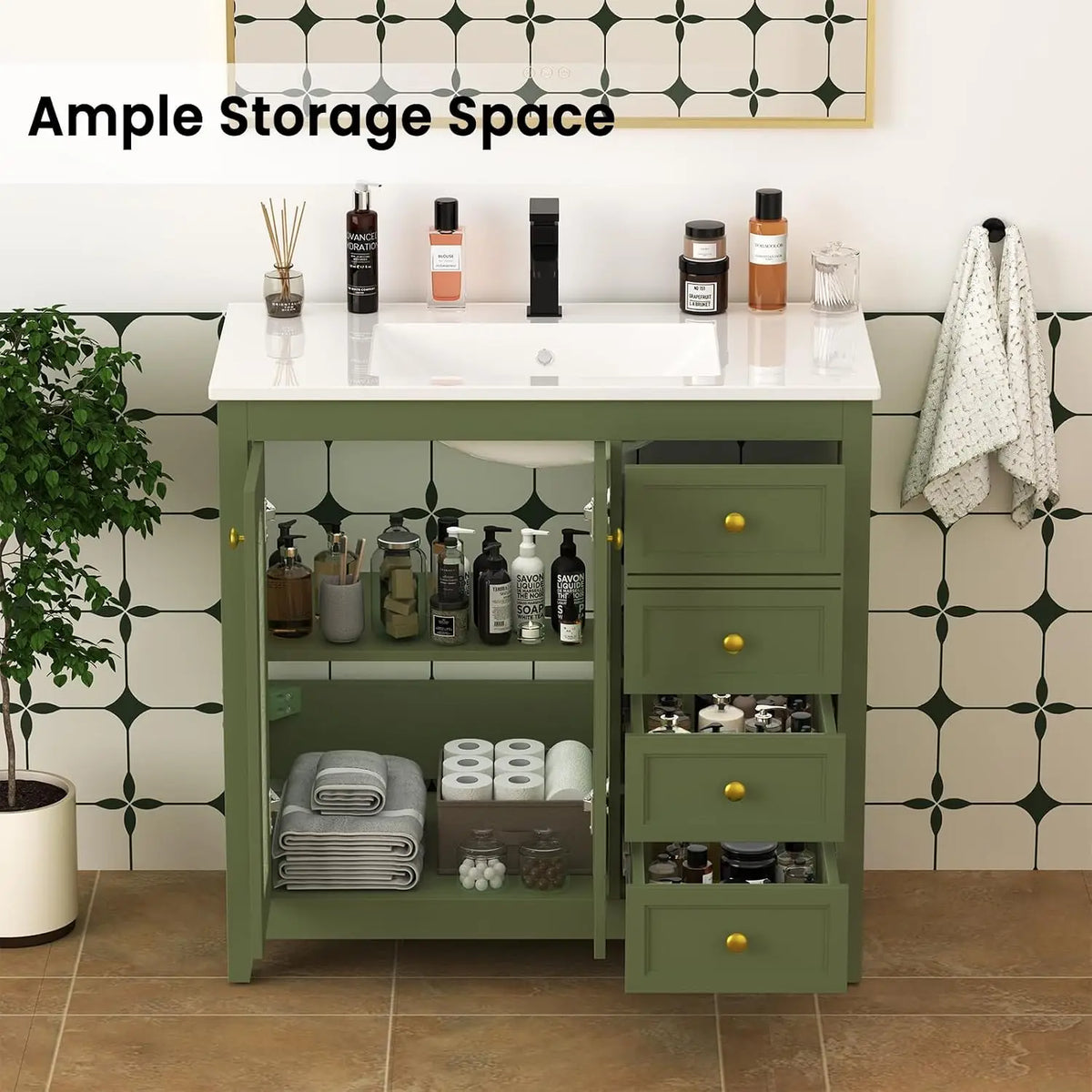 36” Bathroom Vanity with Sink, Modern Freestanding Bathroom Cabinet with Soft-Close Glass Doors, 3 Drawers and, Customized