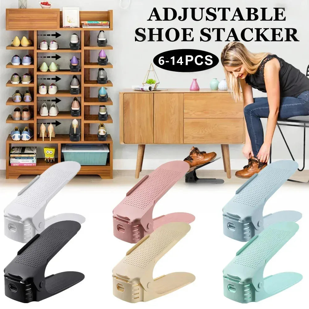 6-14Pcs Shoe Slots Organizer, Adjustable Shoe Support Rack, Double Layer Stack Holder, Shoe Stacker for Closet Organization