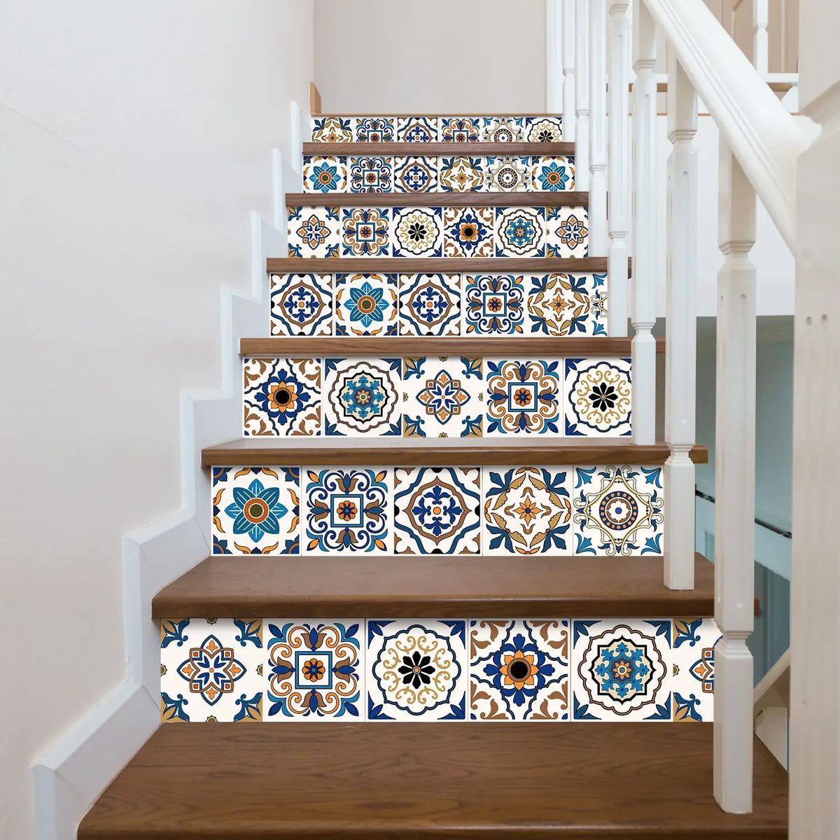 48 Pieces of Floral Brick Wall Stickers in Blue Brown Exotic Mandala Pattern for Kitchen and Bathroom Decoration