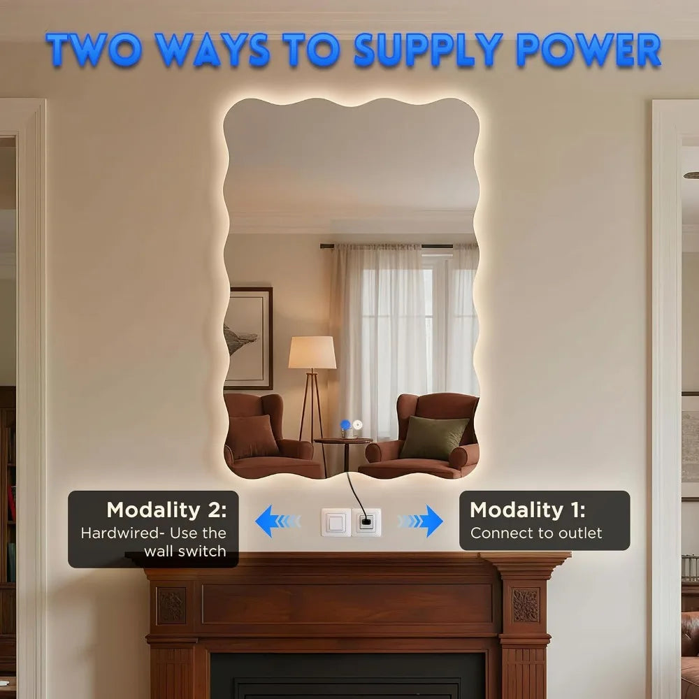 Wavy LED Bathroom Mirror 24x36 Vanity Light IP54 Anti-Fog 3 Color Dimmable