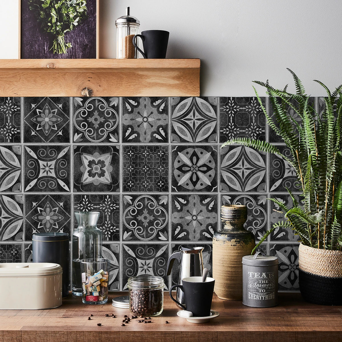 24pcs/Set Gray Moroccan Art Self-Adhesive Wall Sticker Kitchen Bathroom Decoration Vinyl Waterproof Wallpaper Home Decal
