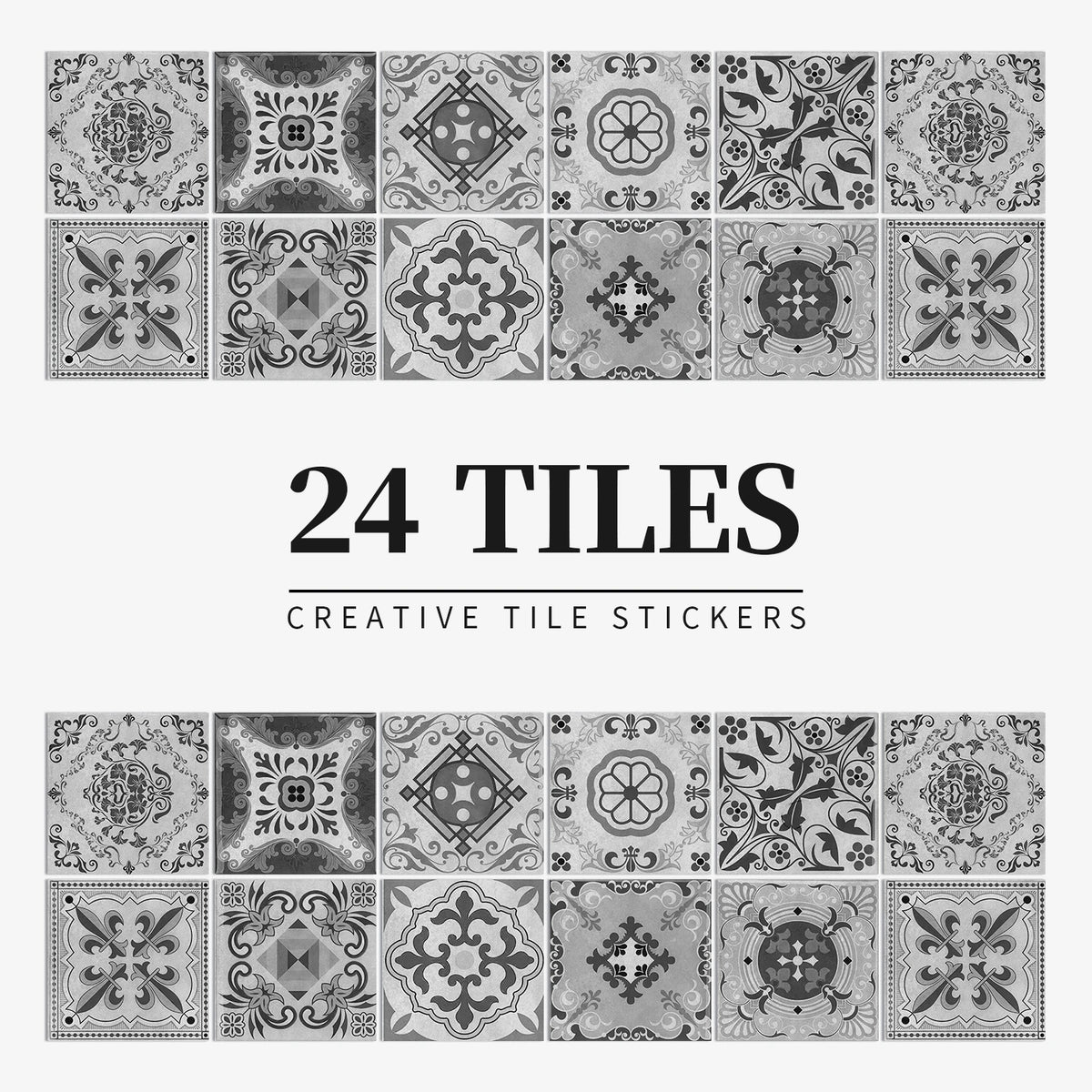 24pcs/Set Gray Moroccan Art Self-Adhesive Wall Sticker Kitchen Bathroom Decoration Vinyl Waterproof Wallpaper Home Decal