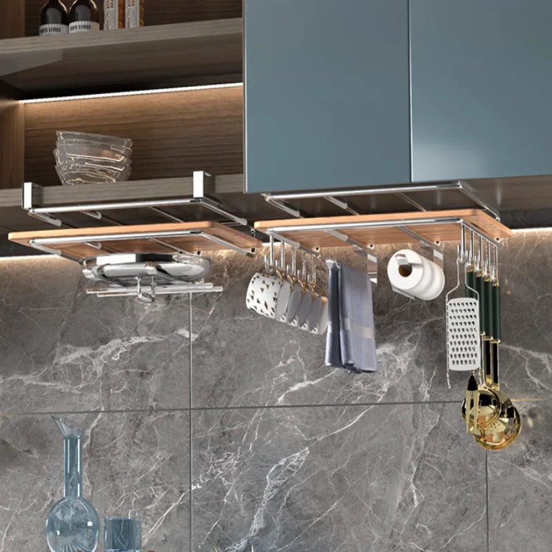 1PC Stainless Steel Hanging Kitchen Storage Rack with Hooks Paper Towel and Utensils Holder Cutting Board Storage Shelf