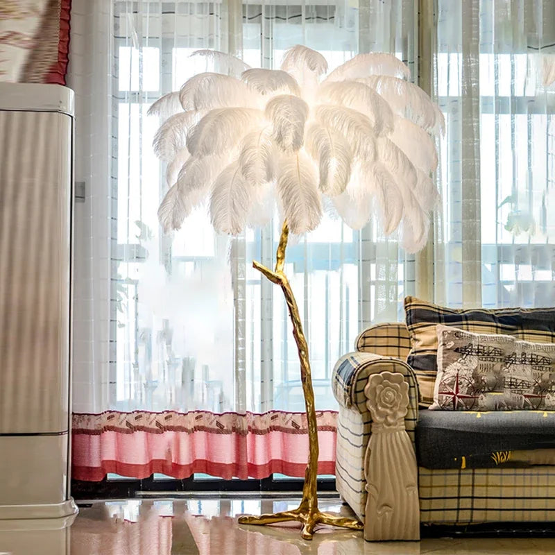Nordic Resin Twigs Ostrich Feather Led Floor Lamp Living Room Home Decor Sofa Corner Standing Light Bedroom Bedside Feather Lamp