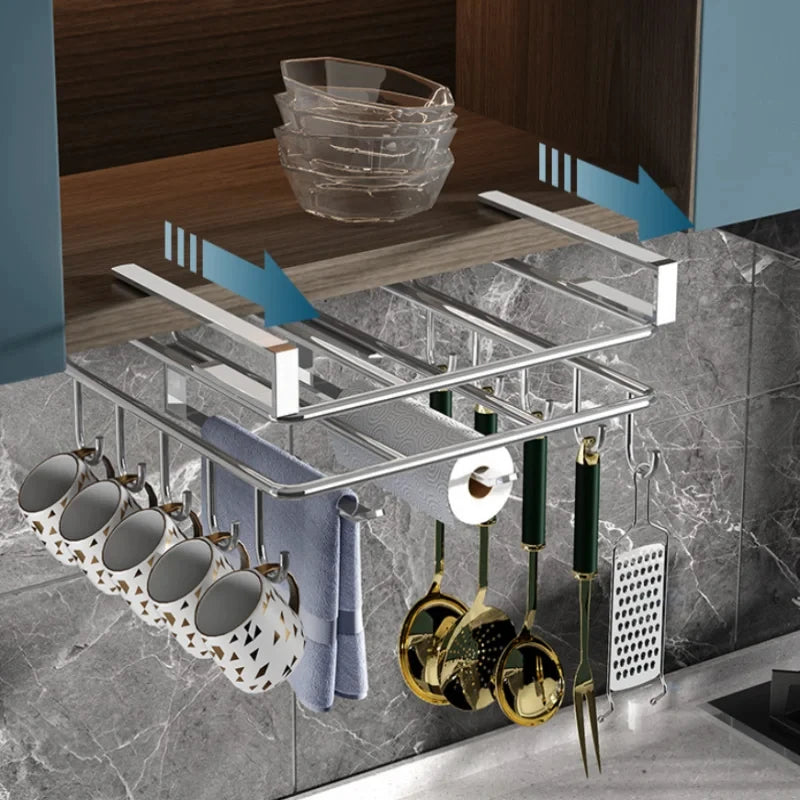 1PC Stainless Steel Hanging Kitchen Storage Rack with Hooks Paper Towel and Utensils Holder Cutting Board Storage Shelf