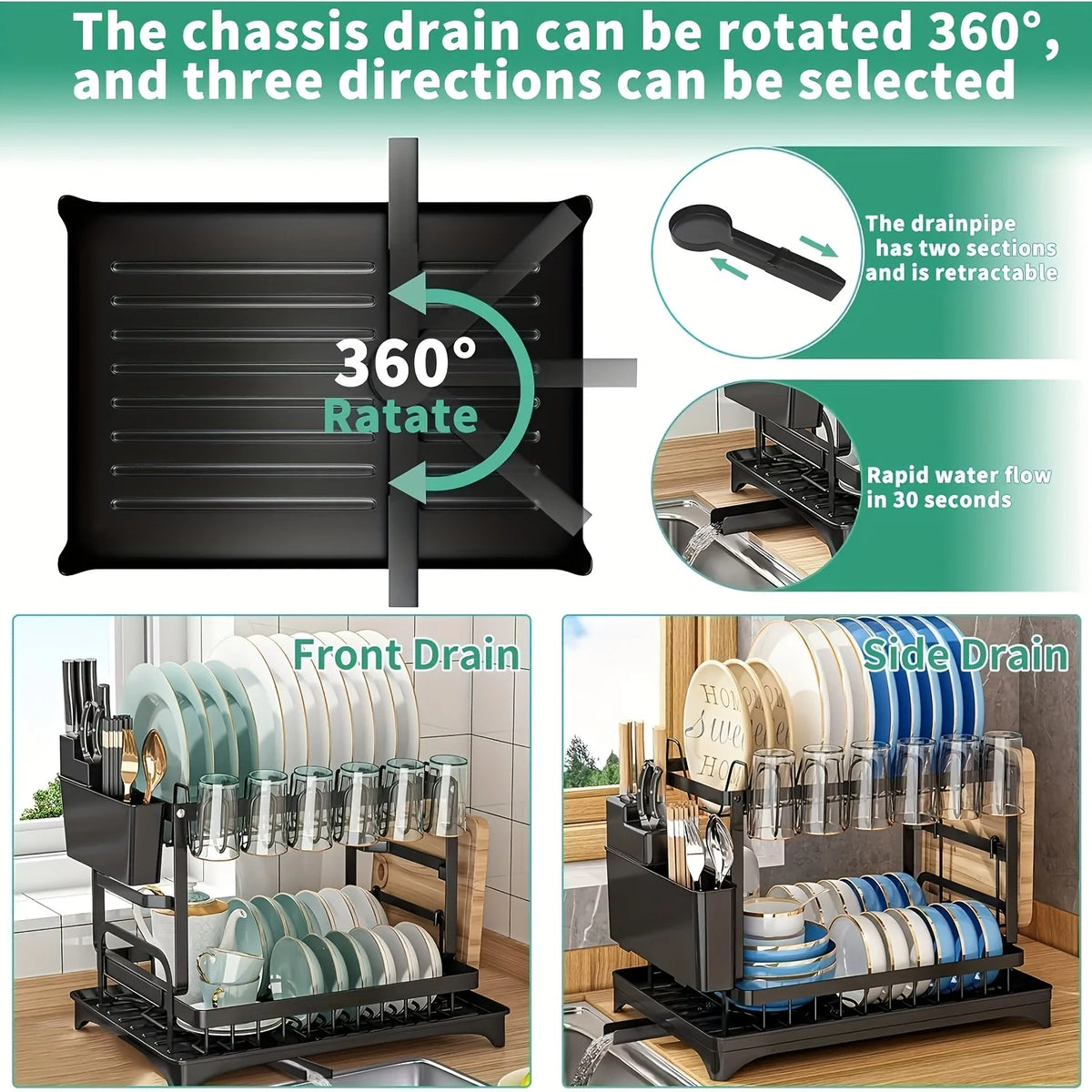 Large-Capacity Double-Layer Kitchen Storage Rack-Metal Dishes with Drainage Function and Tableware Stand, Suitable for Bowls, Cups, Cutting Boards-No Assembly Required