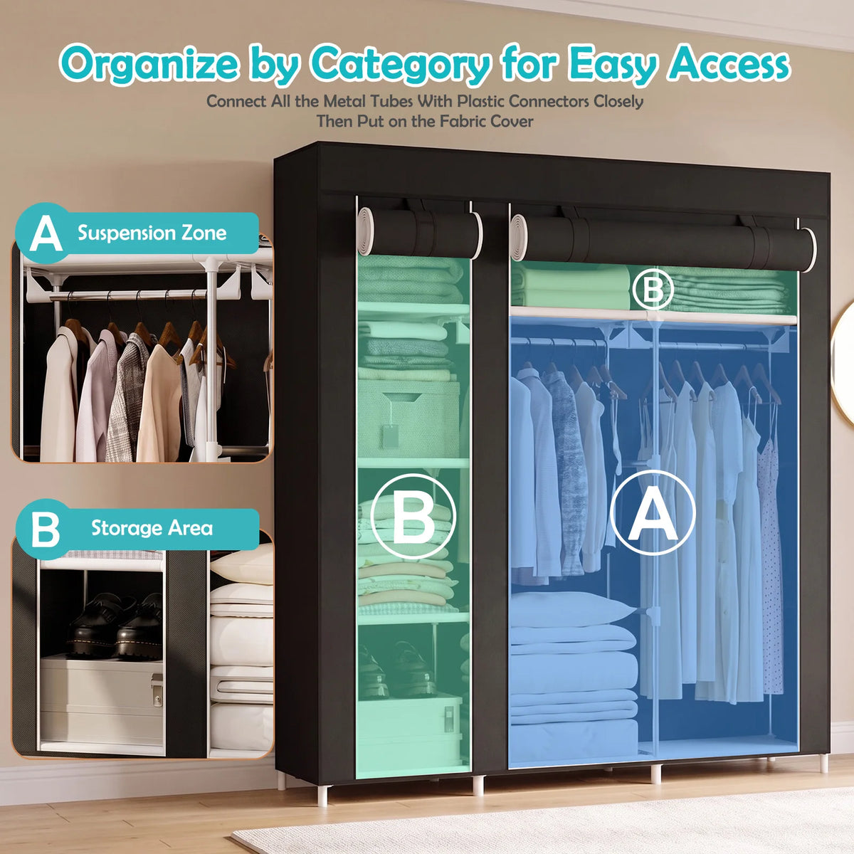 Portable Wardrobe Closet Organizer Storage Non-Woven Large Capacity with 2 Hanging Rods & 8 Storage Shelves, Waterproof & Dustproof Tool-Free Assembly for Bedroom Dorm Apartment Walk-in Closet