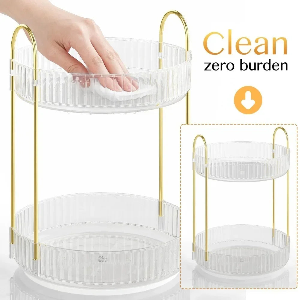2 Tier 360 Degree Rotating Makeup Organizer Large Capacity Clear Acrylic Perfume Skincare Cosmetics Storage Rack for Vanity Countertop Bathroom Dresser,Spinning Lazy Susan Beauty Organizer Display Stand with Gold Frame,Gift f