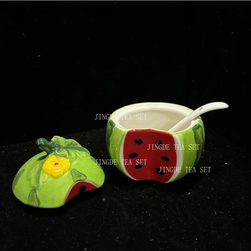 Creative Ceramic Seasoning Jar Bottle Kitchen Decoration Racks Fruit Melon Shape Spices Storage Tank Sugar Bowl with Lid &Spoon