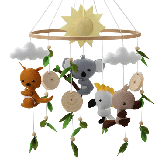 Baby Mobile Australian Animals Koala Kangaroo Platypus and Cockatoo. Koala Nursery Decor Natural Green Leaves