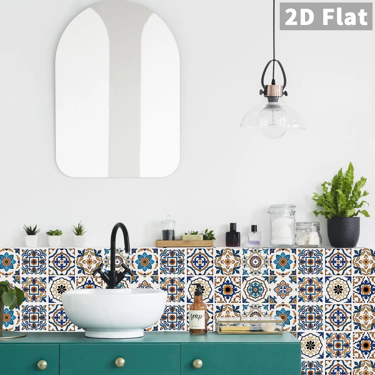 48 Pieces of Floral Brick Wall Stickers in Blue Brown Exotic Mandala Pattern for Kitchen and Bathroom Decoration