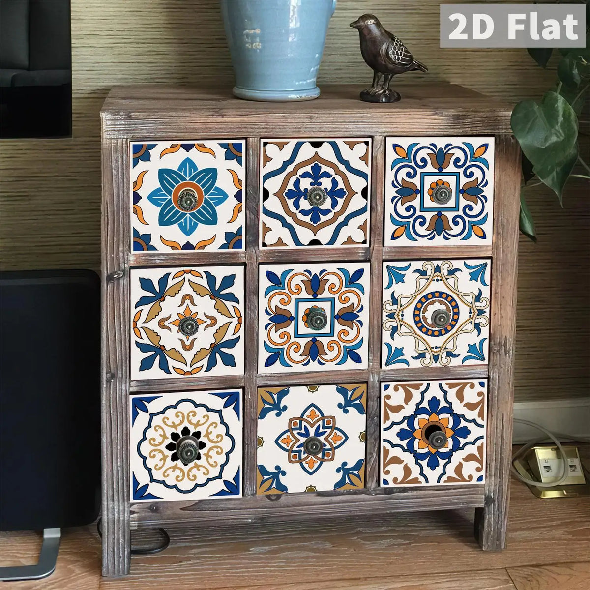 48 Pieces of Floral Brick Wall Stickers in Blue Brown Exotic Mandala Pattern for Kitchen and Bathroom Decoration