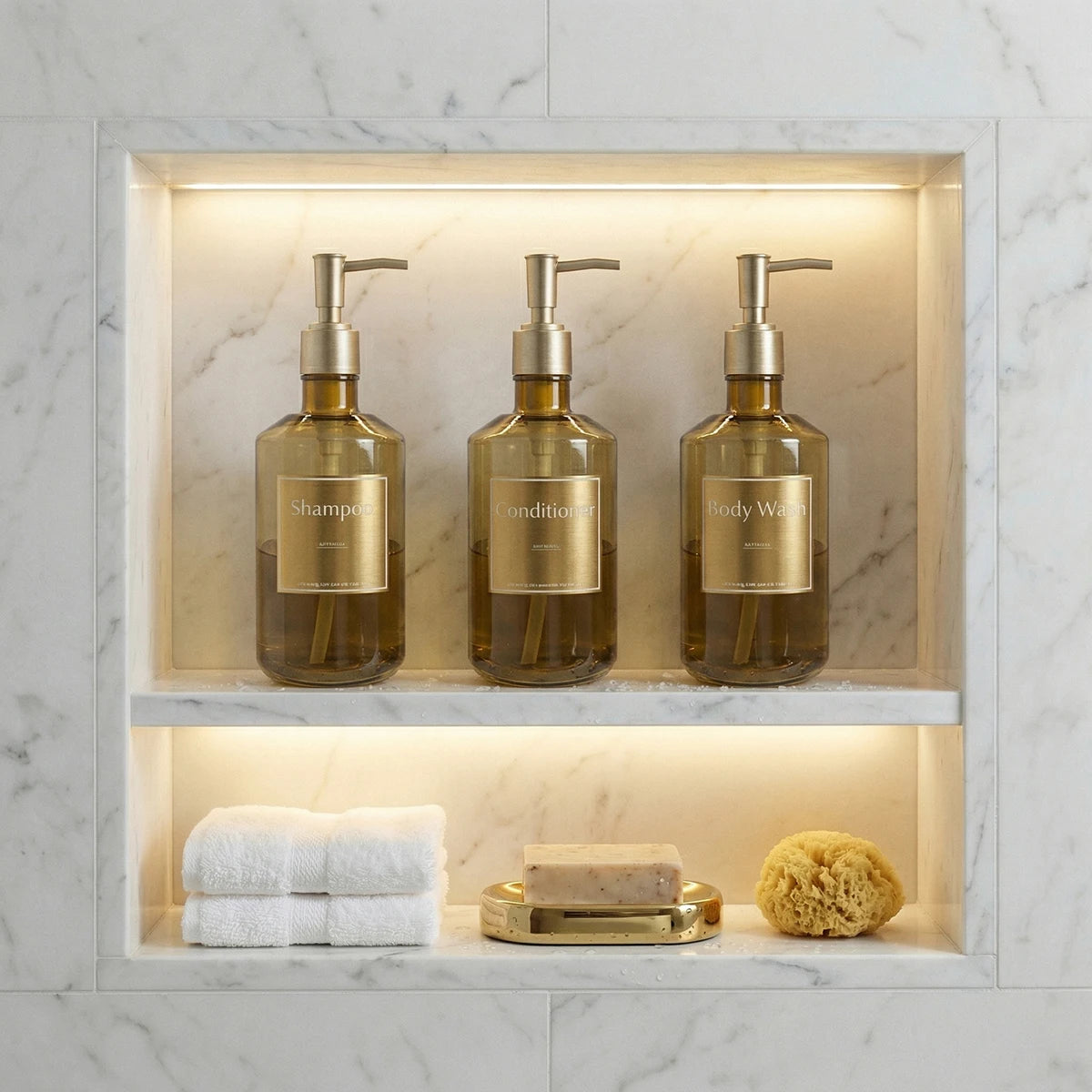 3PCS Shower Soap Dispenser Bottles with Waterproof Labels, Luxury Guest Bathroom Decoration Gold Bottles for Shampoo Conditioner