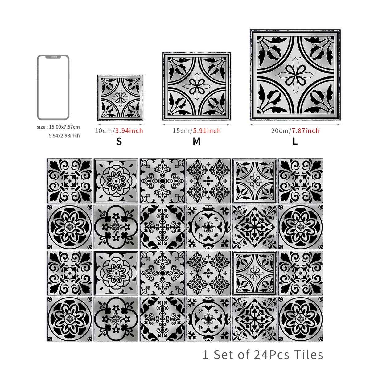 24pcs/Set Gray Moroccan Art Self-Adhesive Wall Sticker Kitchen Bathroom Decoration Vinyl Waterproof Wallpaper Home Decal