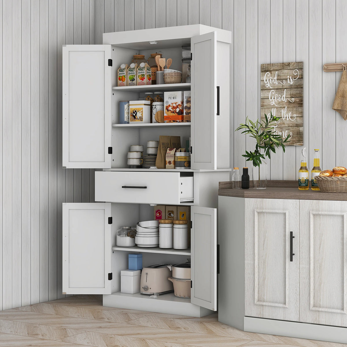 Homcom 72" Tall Kitchen Pantry Storage Cabinet with Barn Doors and Drawer