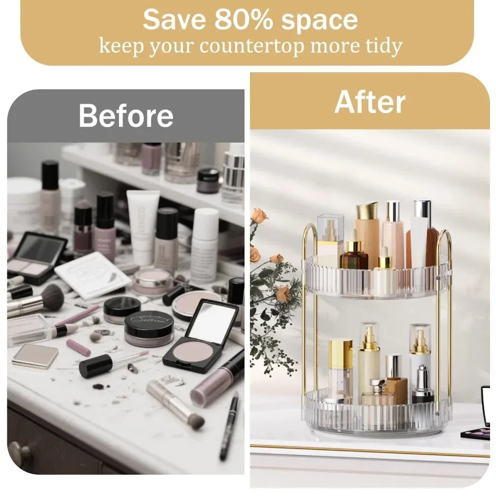 2 Tier 360 Degree Rotating Makeup Organizer Large Capacity Clear Acrylic Perfume Skincare Cosmetics Storage Rack for Vanity Countertop Bathroom Dresser,Spinning Lazy Susan Beauty Organizer Display Stand with Gold Frame,Gift f