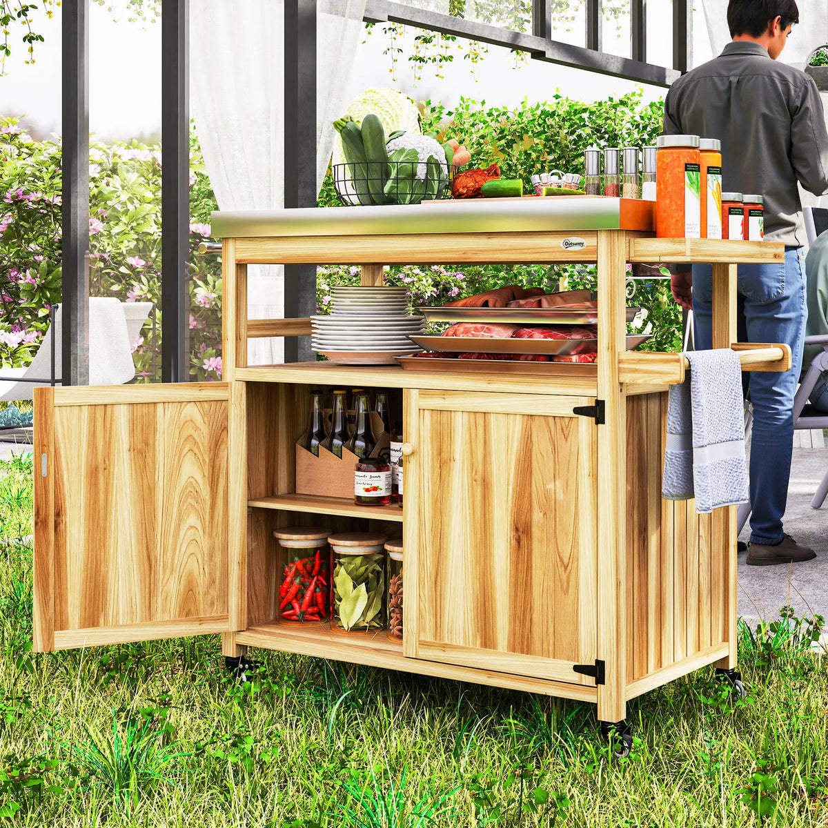 Grill Cart, Kitchen Island with Storage Cabinets, Natural Wood