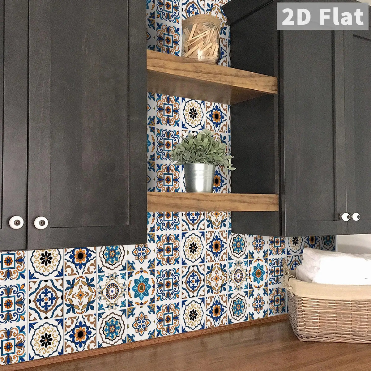 48 Pieces of Floral Brick Wall Stickers in Blue Brown Exotic Mandala Pattern for Kitchen and Bathroom Decoration