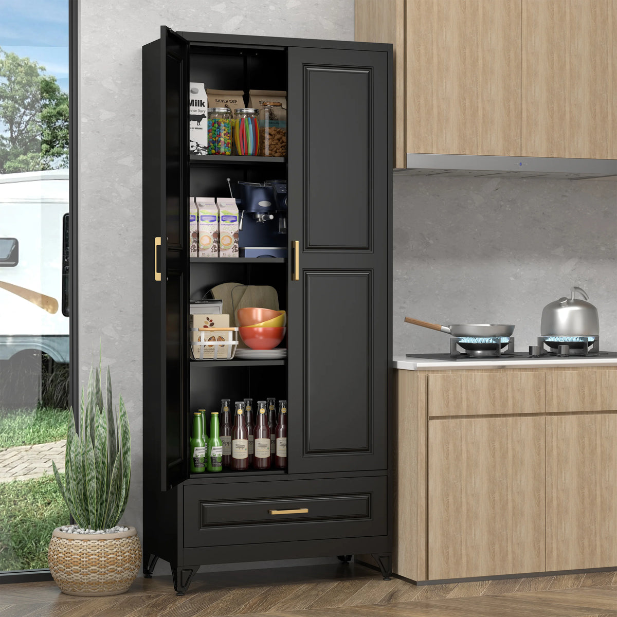 Polup 75" Pantry Storage Cabinet with Drawer and Shelves,Metal Kitchen Cupboard for Living Room Dining