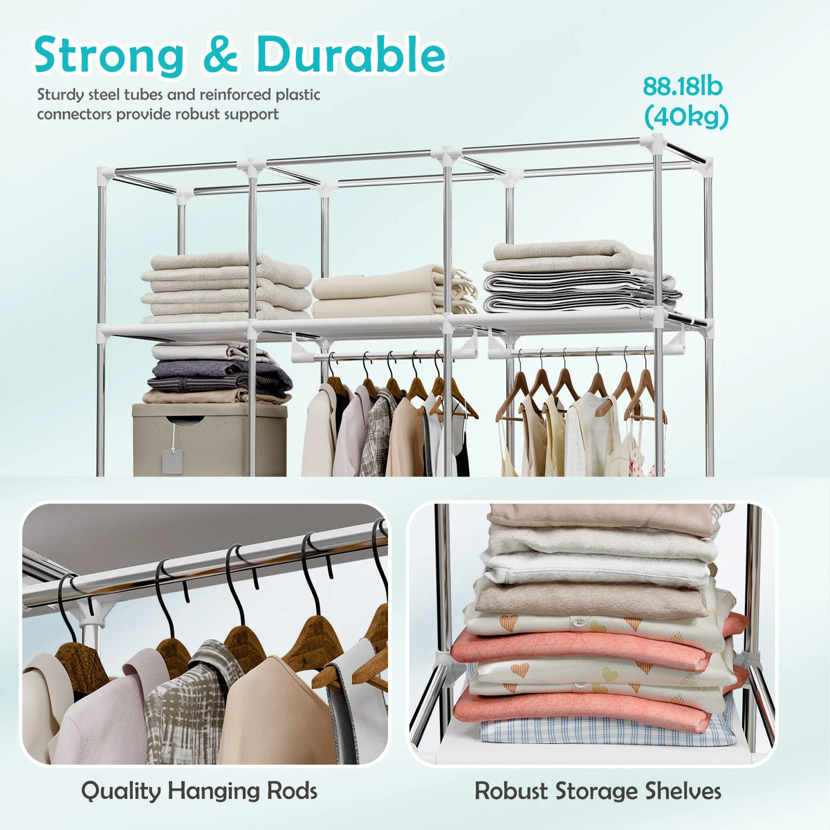 Portable Wardrobe Closet Organizer Storage Non-Woven Large Capacity with 2 Hanging Rods & 8 Storage Shelves, Waterproof & Dustproof Tool-Free Assembly for Bedroom Dorm Apartment Walk-in Closet