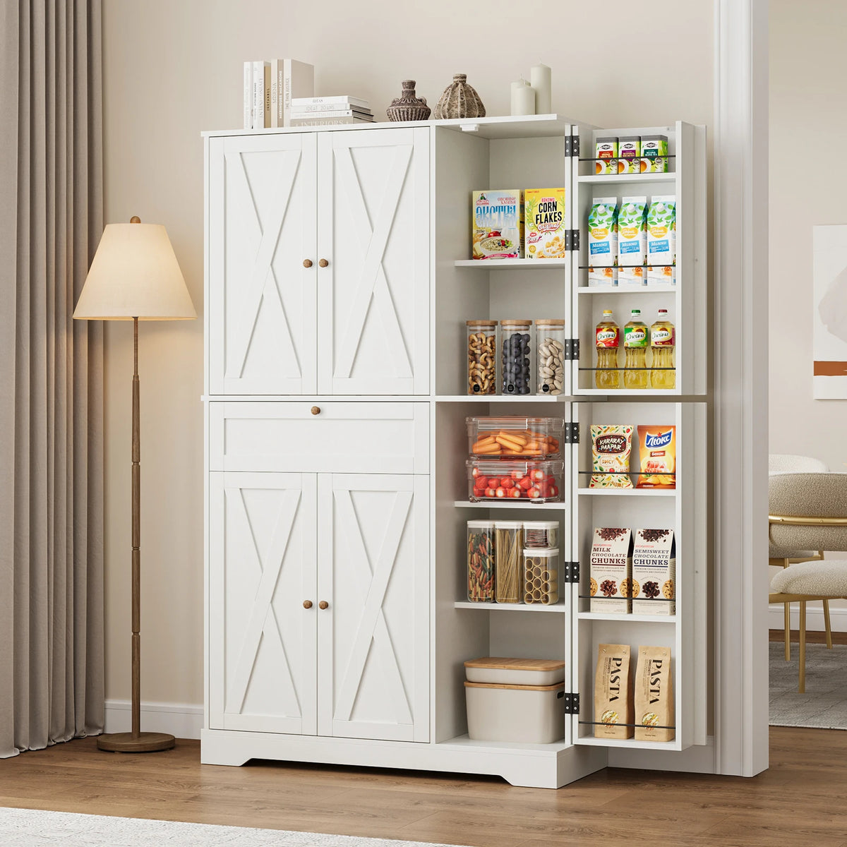 68.4" Tall White Modern Farmhouse Barn Door Kitchen Pantry Cabinet, Compact Footprint Large Capacity Storage with 6-Tier Door Shelves, 7 Interior Compartments, Adjustable Shelf & Smooth-Glide Drawer, Anti-Tip Kit, Easy Assemb