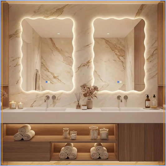Wavy LED Bathroom Mirror 24x36 Vanity Light IP54 Anti-Fog 3 Color Dimmable