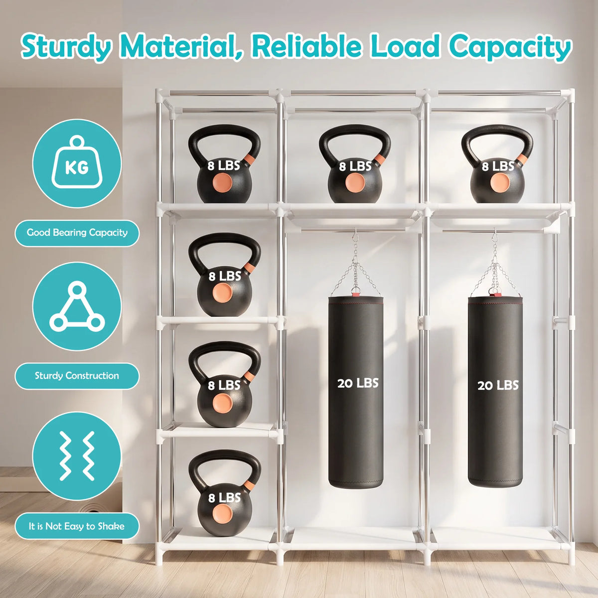 Portable Wardrobe Closet Organizer Storage Non-Woven Large Capacity with 2 Hanging Rods & 8 Storage Shelves, Waterproof & Dustproof Tool-Free Assembly for Bedroom Dorm Apartment Walk-in Closet