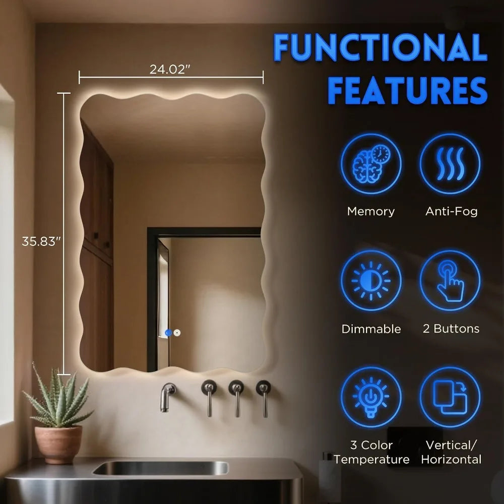 Wavy LED Bathroom Mirror 24x36 Vanity Light IP54 Anti-Fog 3 Color Dimmable