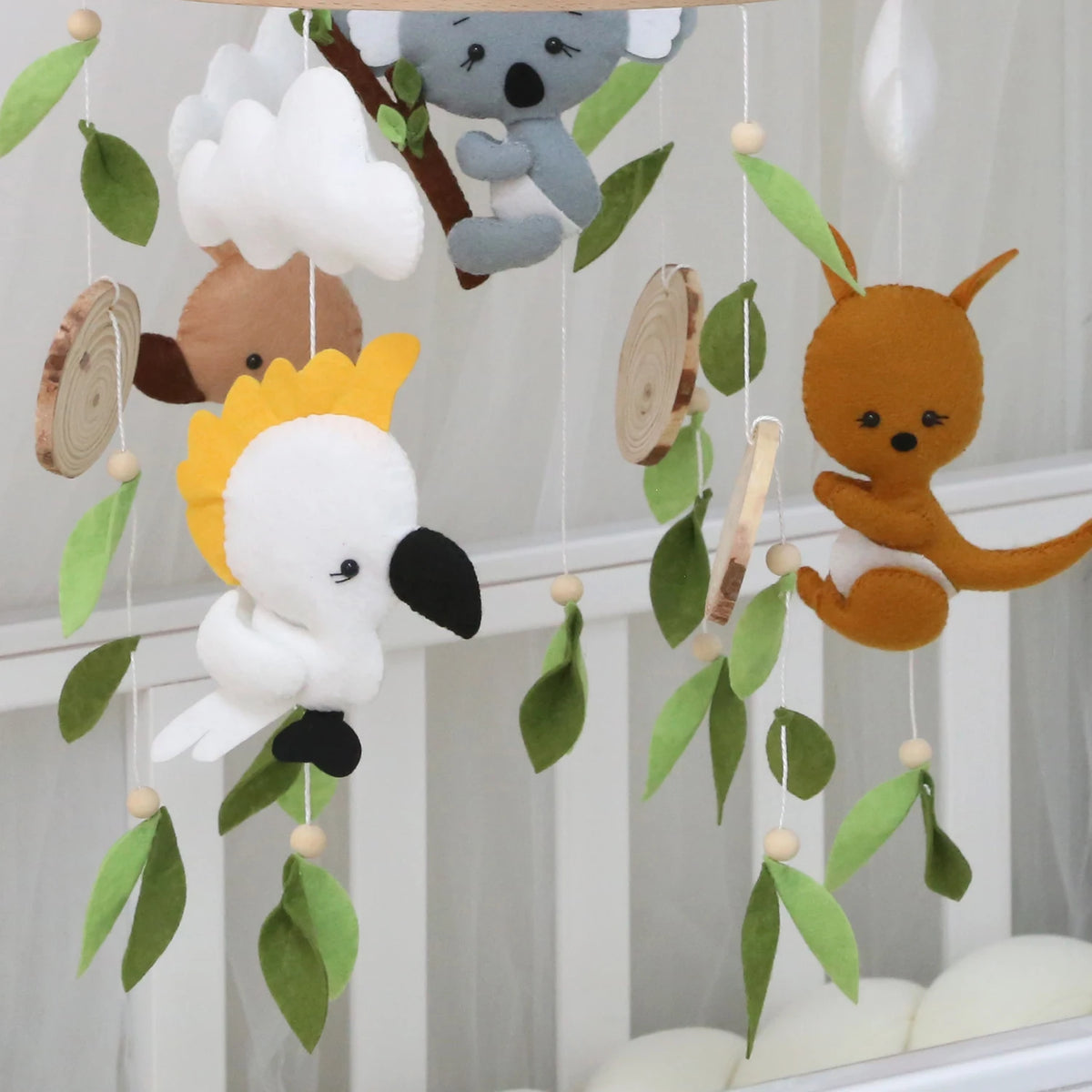 Baby Mobile Australian Animals Koala Kangaroo Platypus and Cockatoo. Koala Nursery Decor Natural Green Leaves