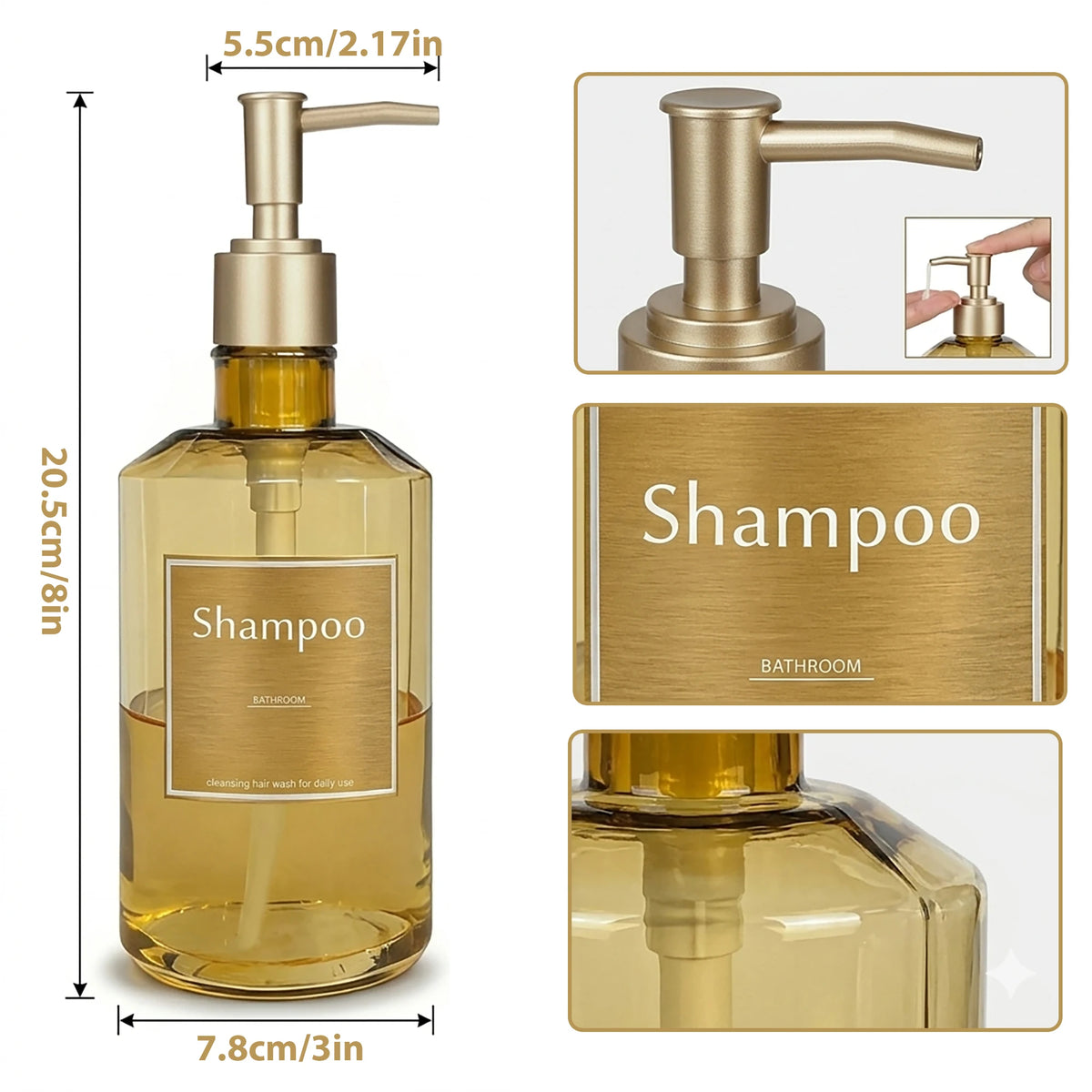3PCS Shower Soap Dispenser Bottles with Waterproof Labels, Luxury Guest Bathroom Decoration Gold Bottles for Shampoo Conditioner